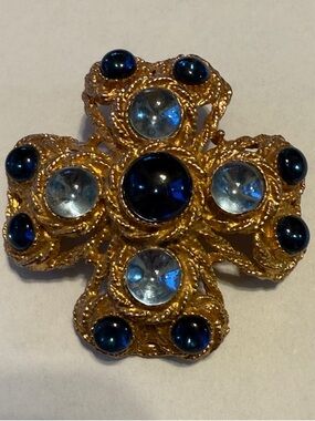 Vintage Gold-Tone Blue Crystal Cross Brooch Pendant
